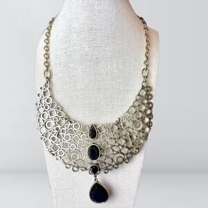 Vintage Raven Queen Ornate Bronze Tone & Black Gemstone Bib Necklace
